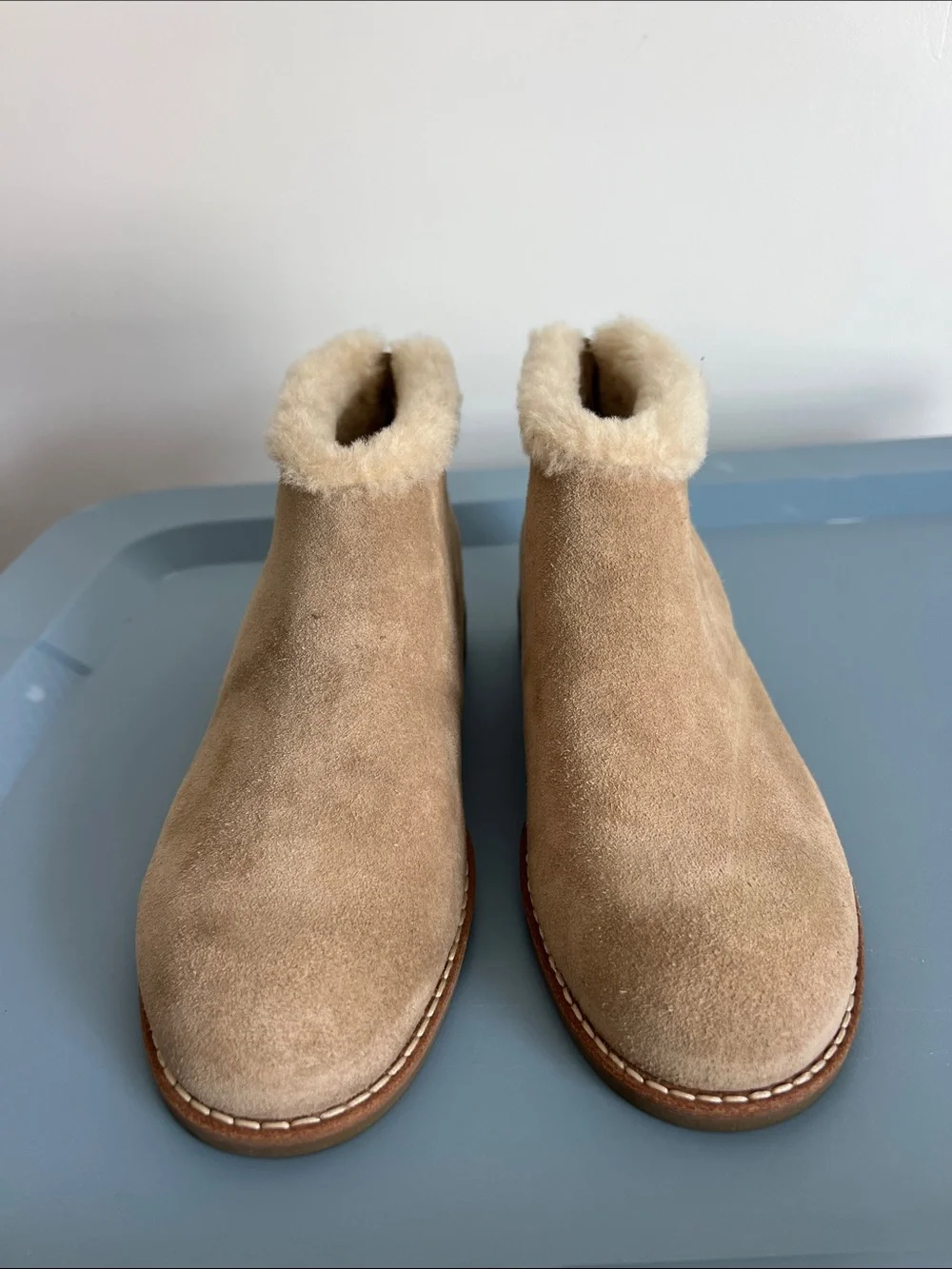Eileen Fisher drift ankle boot booties biscuit sport suede leather tan shearling